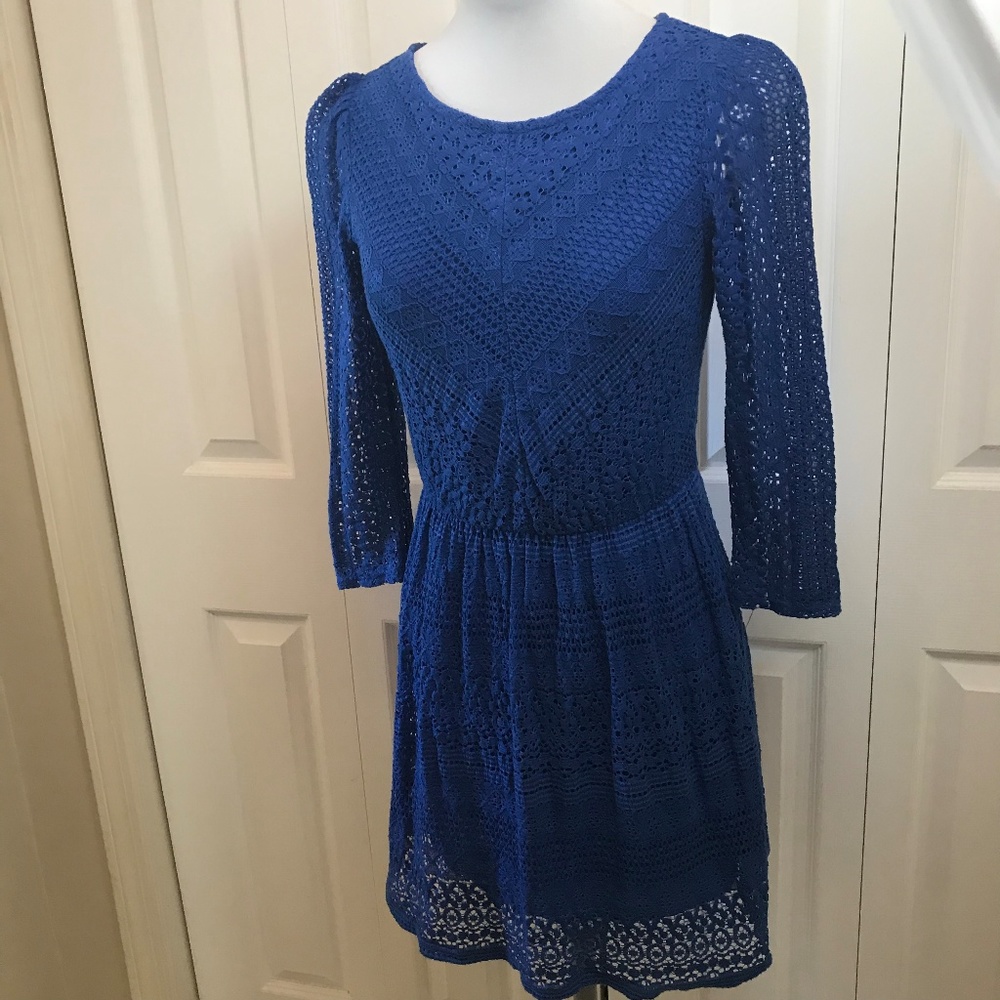 Ruby Rox Blue Eyelet Skater Dress Puff Sleeve sz M - Picture 4 of 8
